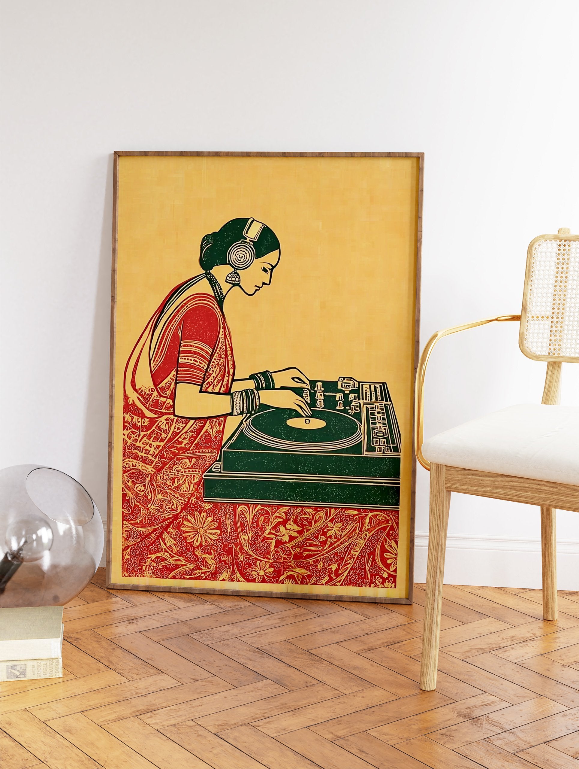 Indian DJ art print of a woman in a red sari and green headphones, mixing music on a turntable with intricate patterns. - Image 2
