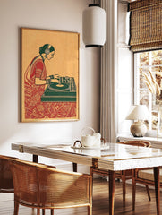 Indian DJ art print of a woman in a red sari and green headphones, mixing music on a turntable with intricate patterns. - Image 3