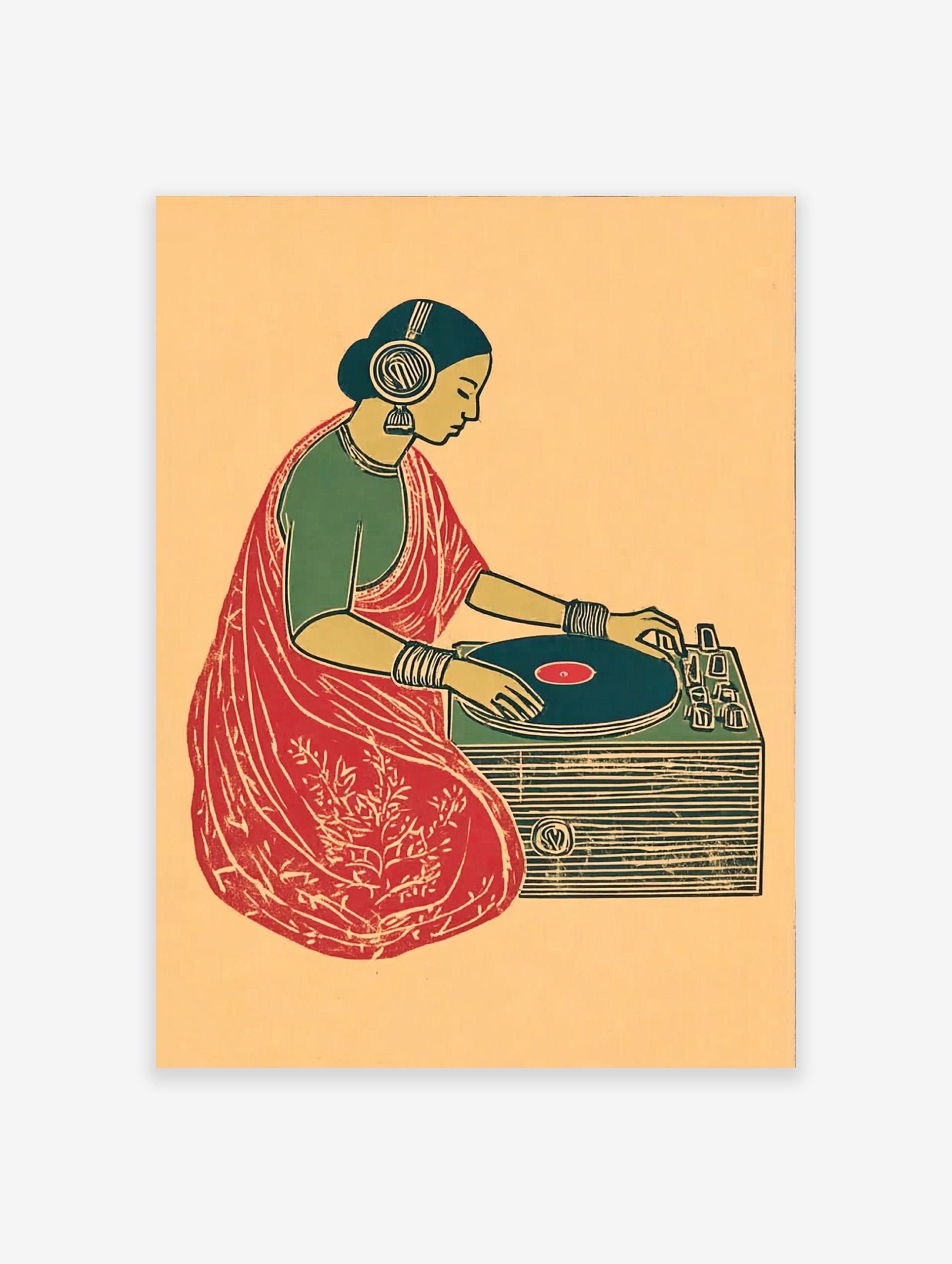Indian DJ wall art featuring a woman in a red saree and headphones mixing music on a turntable in a block print style.