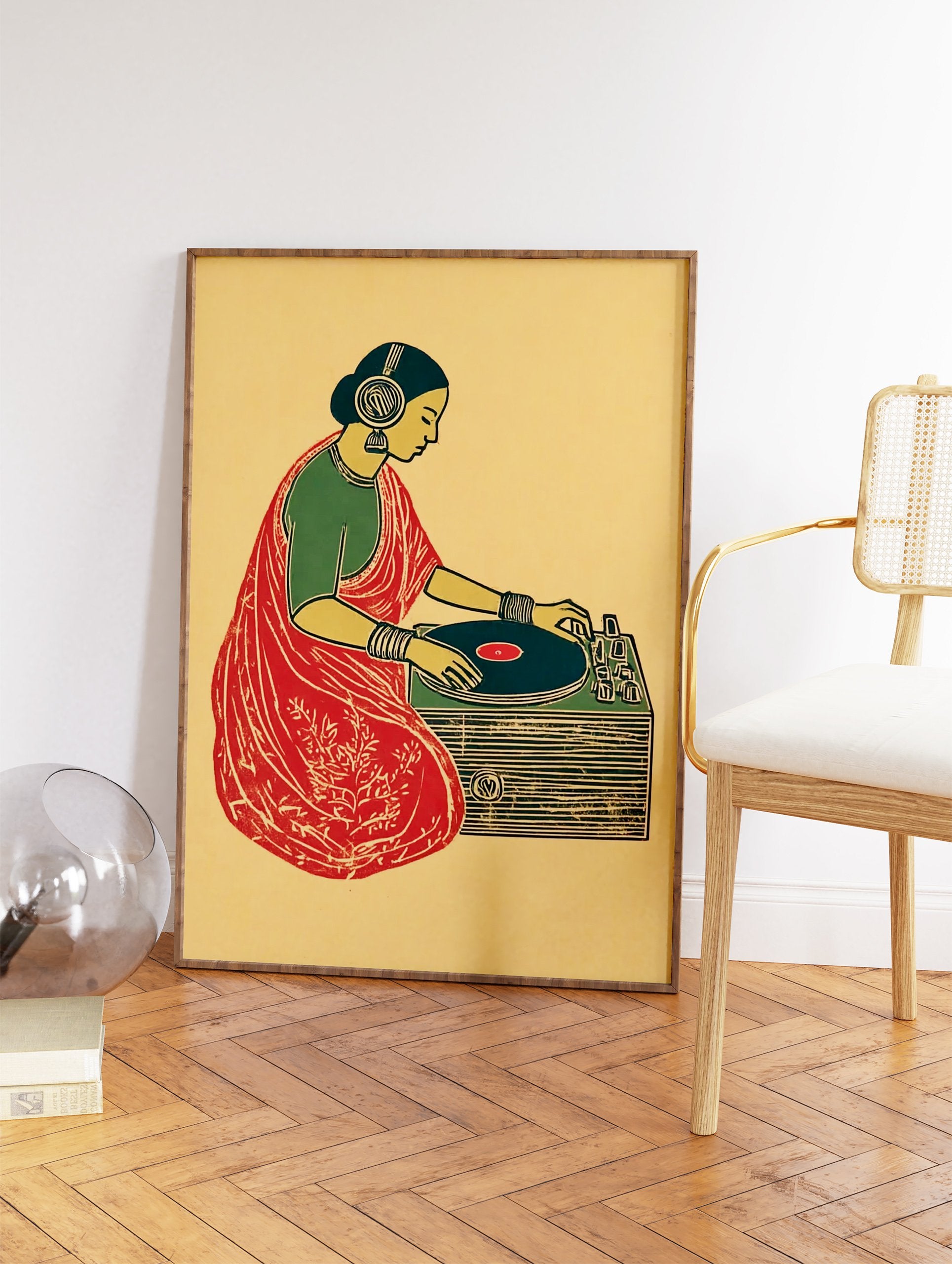 Indian DJ wall art featuring a woman in a red saree and headphones mixing music on a turntable in a block print style. - Image 2
