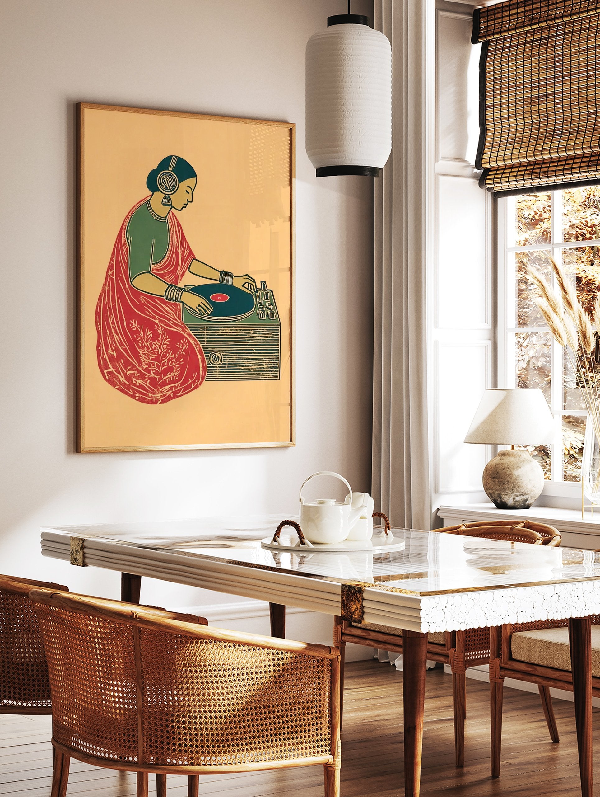 Indian DJ wall art featuring a woman in a red saree and headphones mixing music on a turntable in a block print style. - Image 3