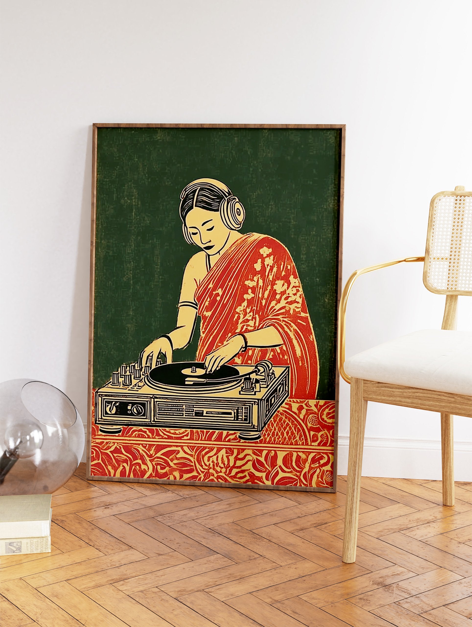 Illustrated Indian woman in a red sari wearing headphones, operating a DJ turntable against a dark green background. - Image 2