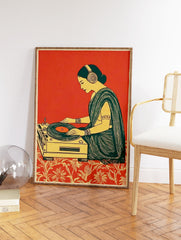 Illustrative art print of an Indian woman wearing headphones, DJing on a turntable, with a red background and patterned floor. - Image 2