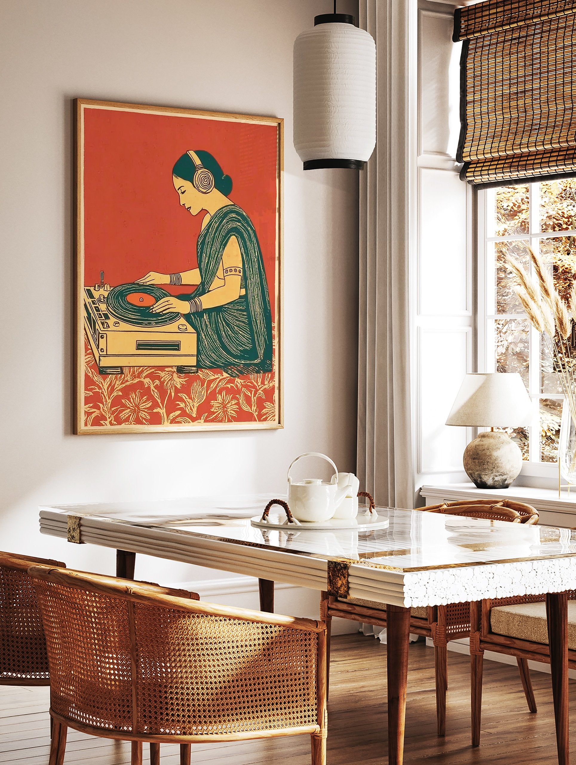 Illustrative art print of an Indian woman wearing headphones, DJing on a turntable, with a red background and patterned floor. - Image 3