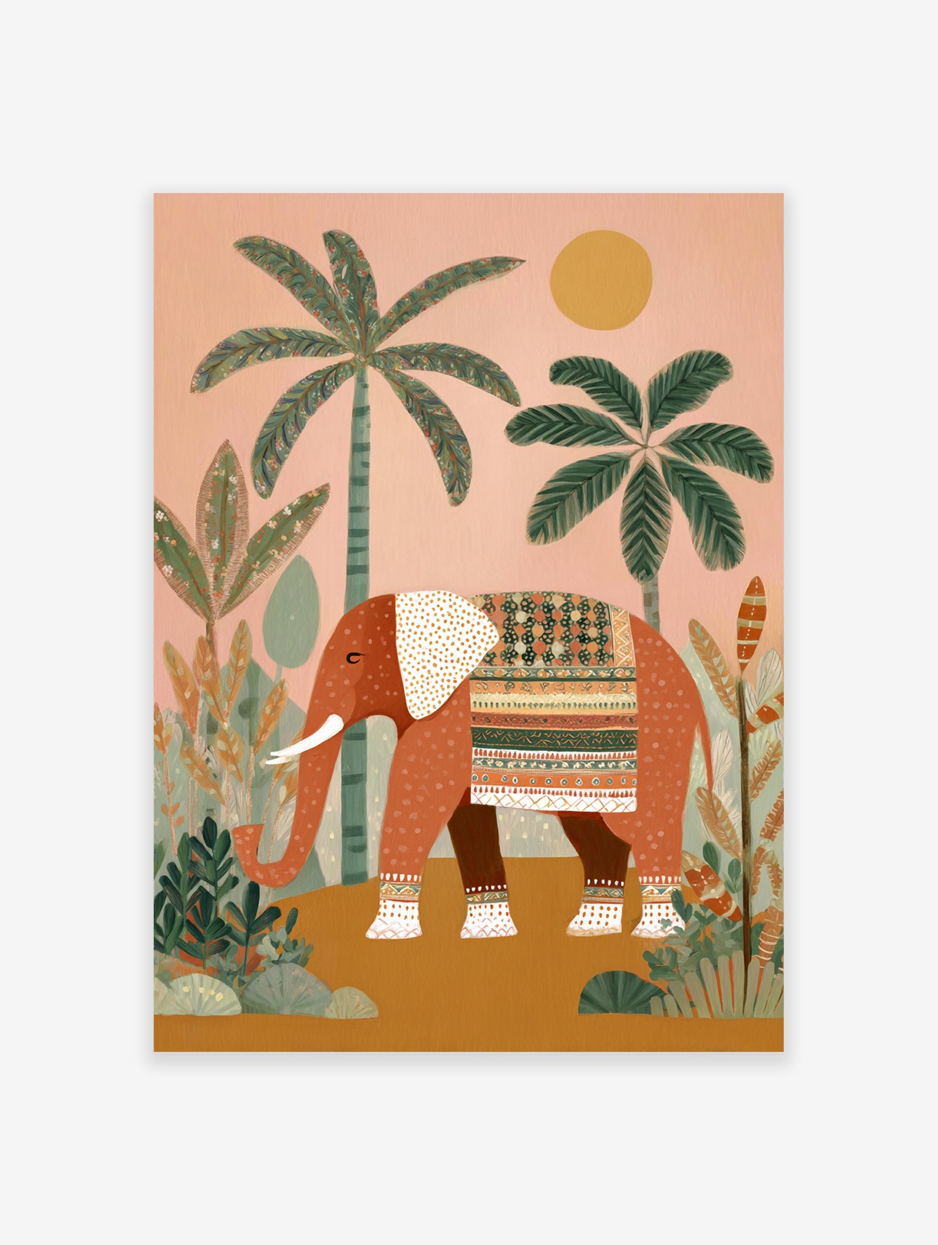Indian elephant poster with terracotta elephant, decorative patterns, tropical plants, and a yellow sun on a peach background.