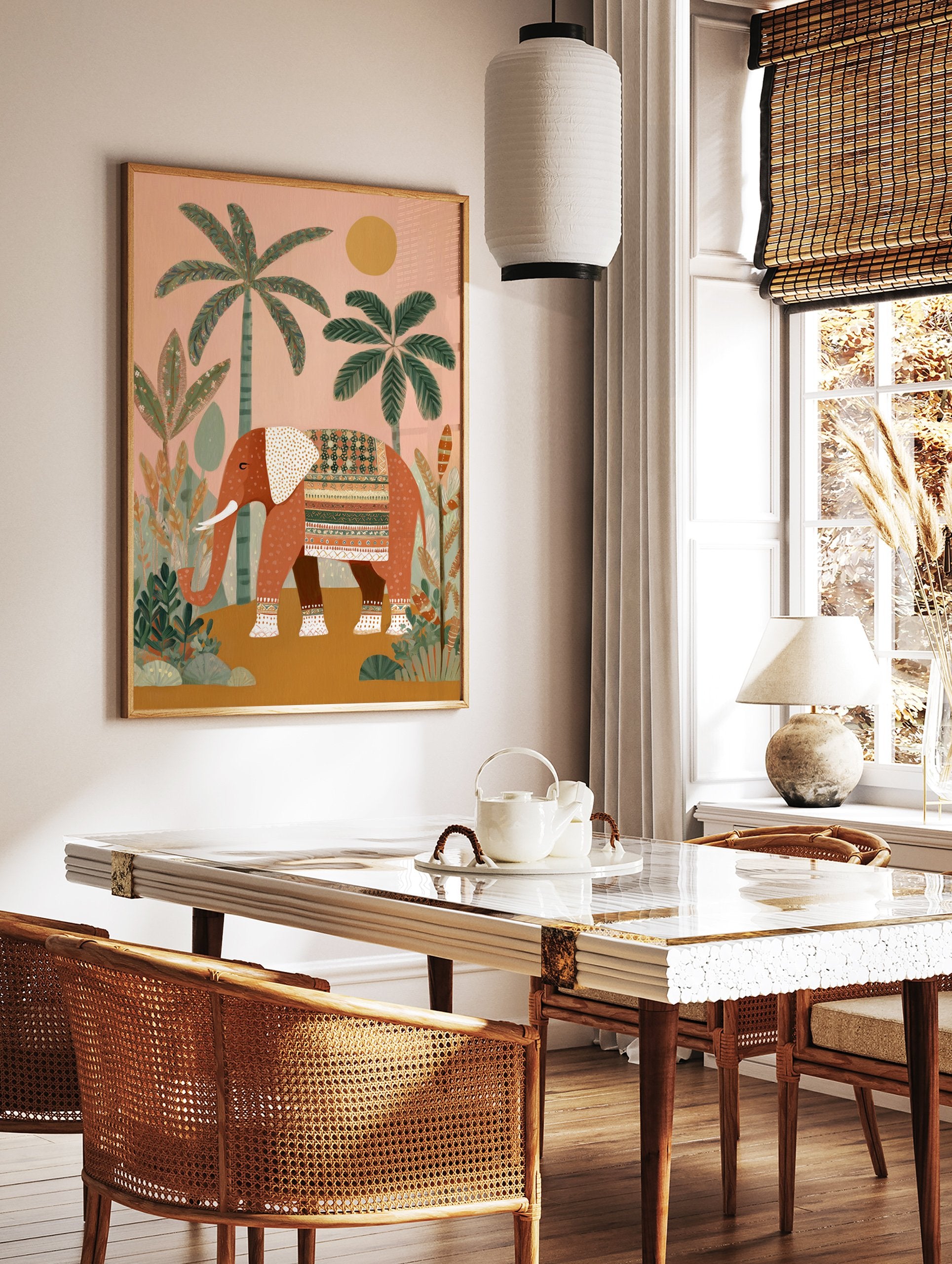 Indian elephant poster with terracotta elephant, decorative patterns, tropical plants, and a yellow sun on a peach background. - Image 2