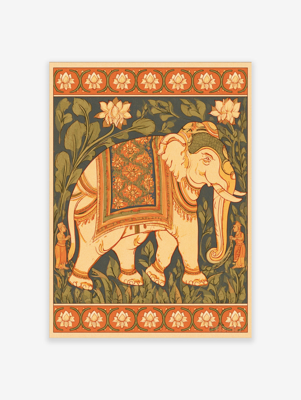Indian elephant wall art with lotus flowers, attendants and a decorative border in cream, orange and blue