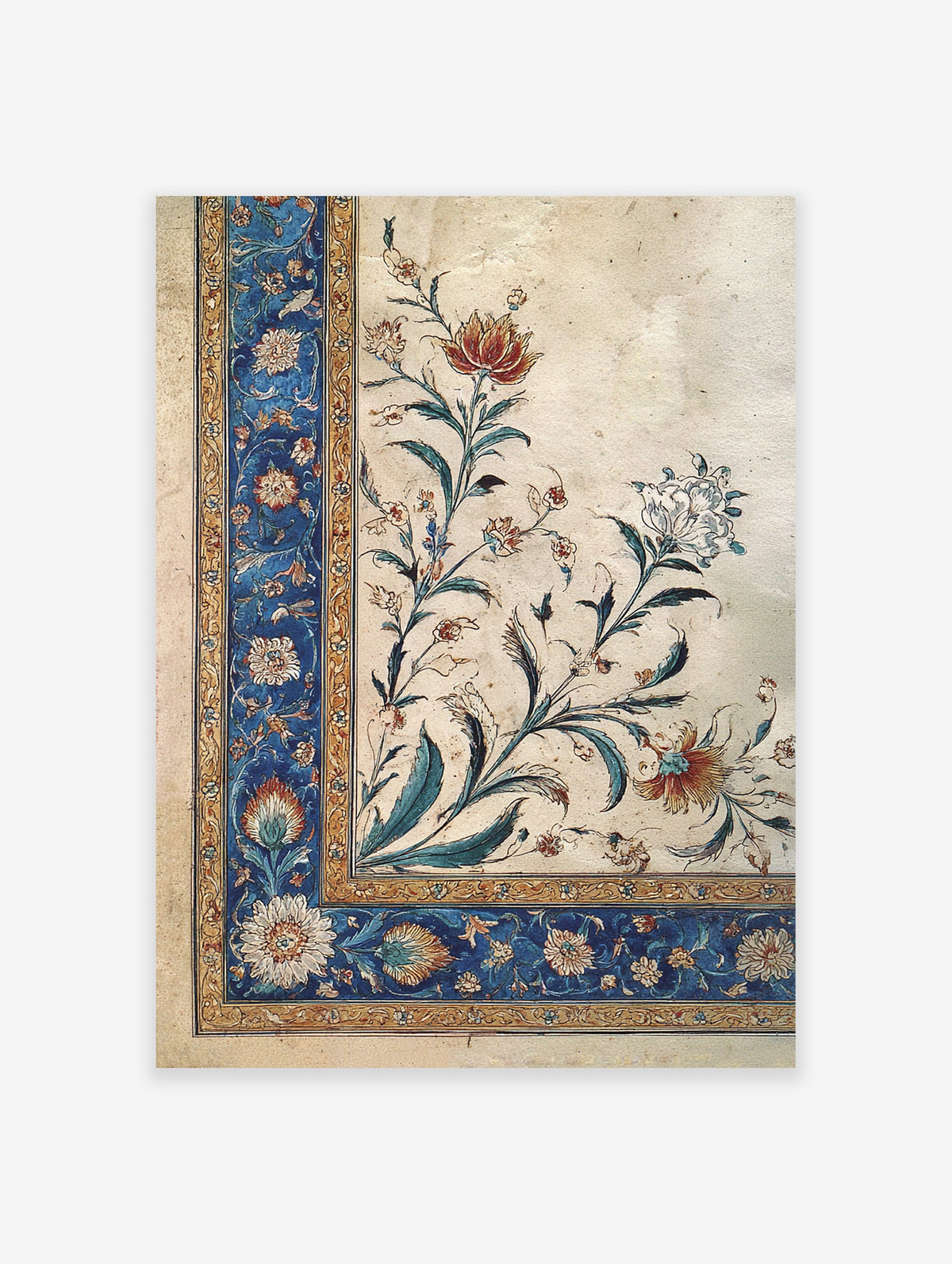 Intricate Indian floral art print with red, white, and orange flowers, green leaves, and a detailed blue and gold border.