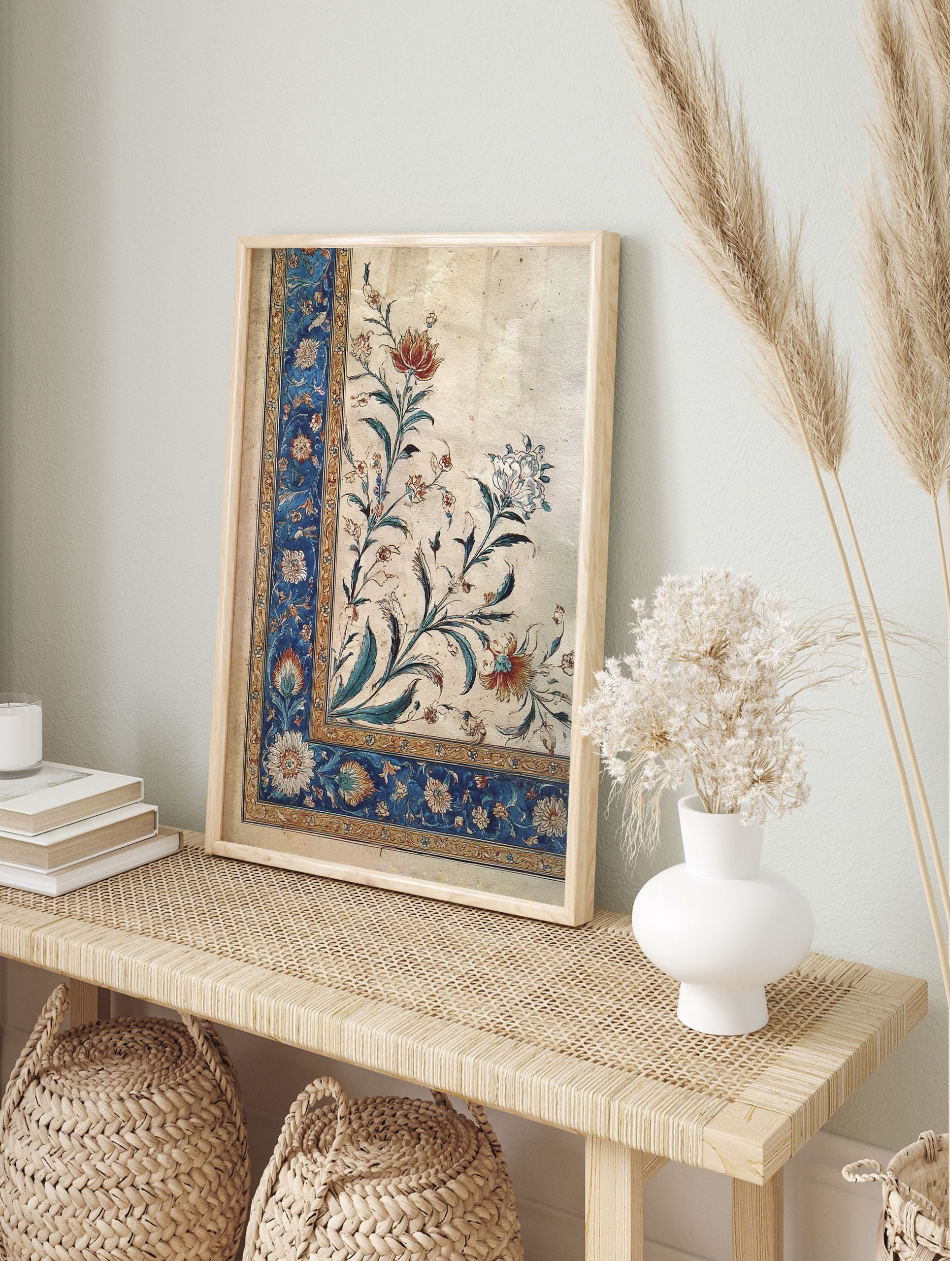 Intricate Indian floral art print with red, white, and orange flowers, green leaves, and a detailed blue and gold border. - Image 3