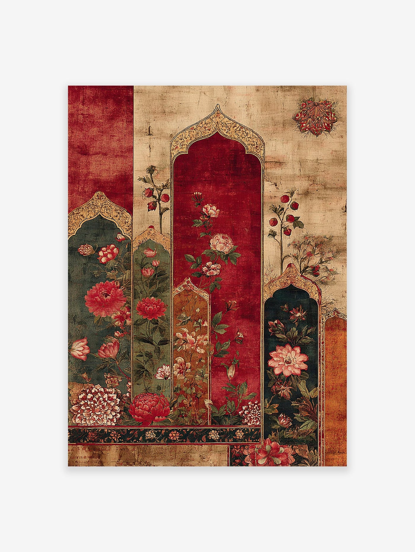 Indian floral wall art with red and green flowers in decorative Mughal arches on a distressed beige background.