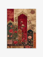 Indian floral wall art with red and green flowers in decorative Mughal arches on a distressed beige background.