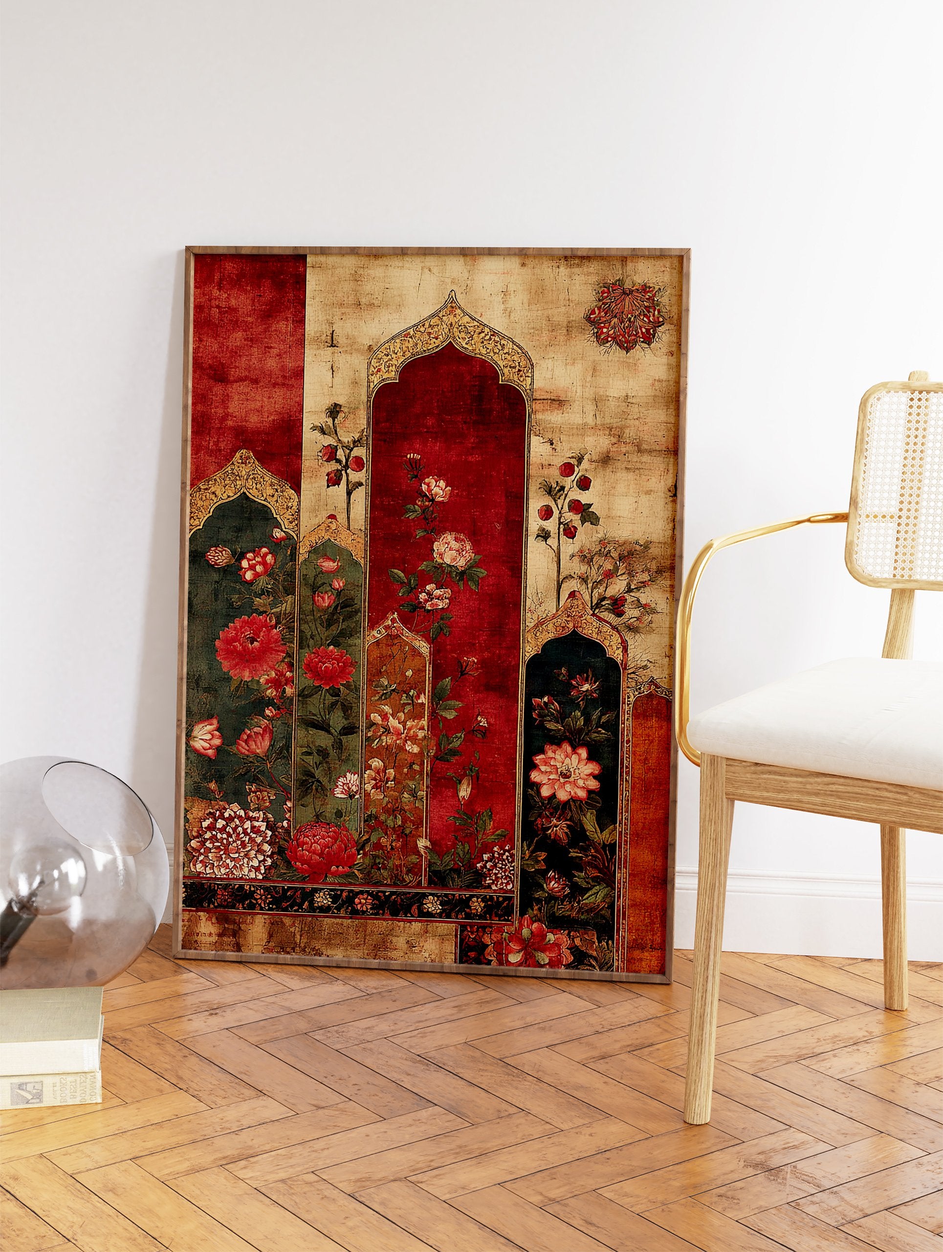 Indian floral wall art with red and green flowers in decorative Mughal arches on a distressed beige background. - Image 2