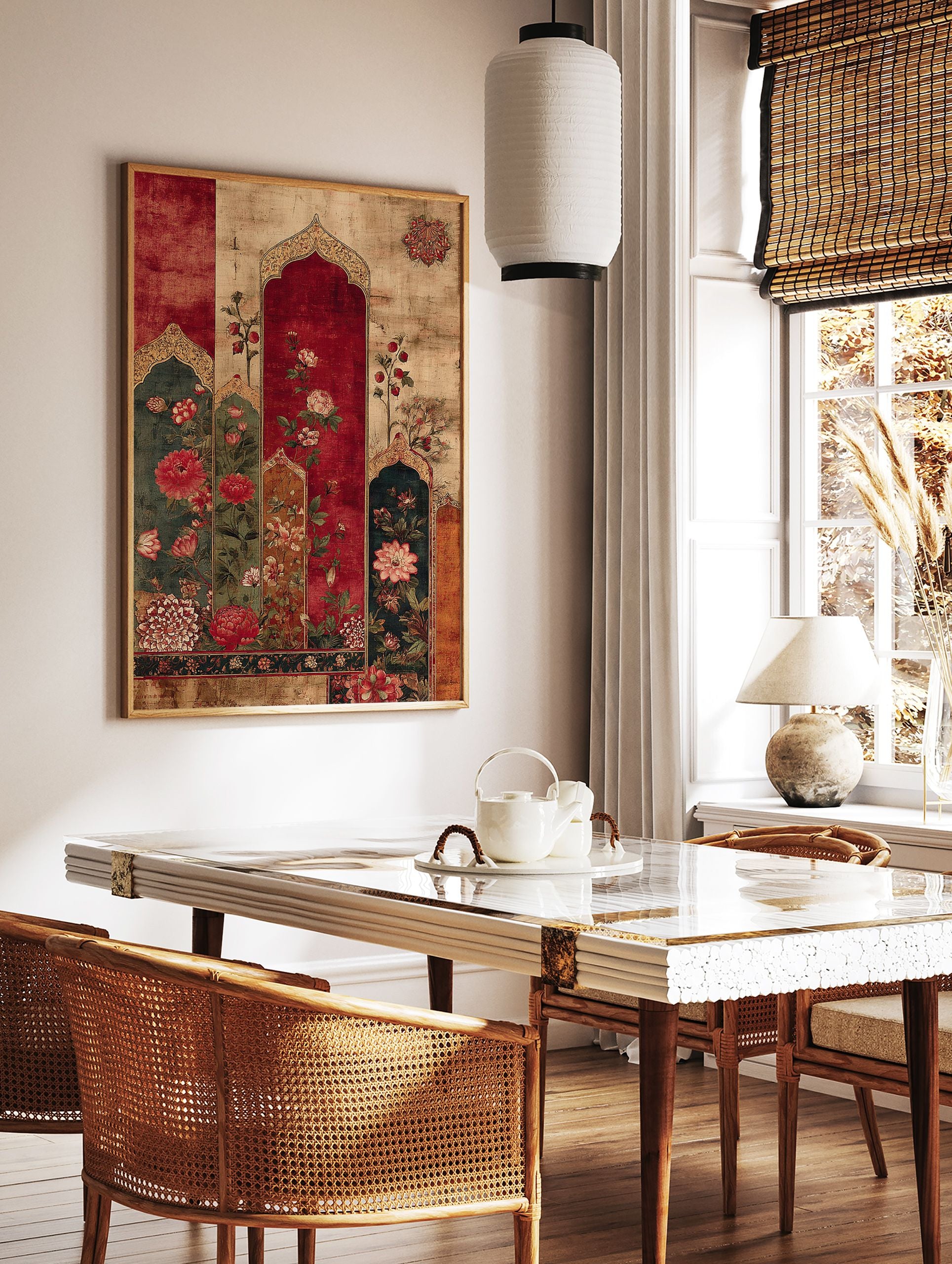 Indian floral wall art with red and green flowers in decorative Mughal arches on a distressed beige background. - Image 3
