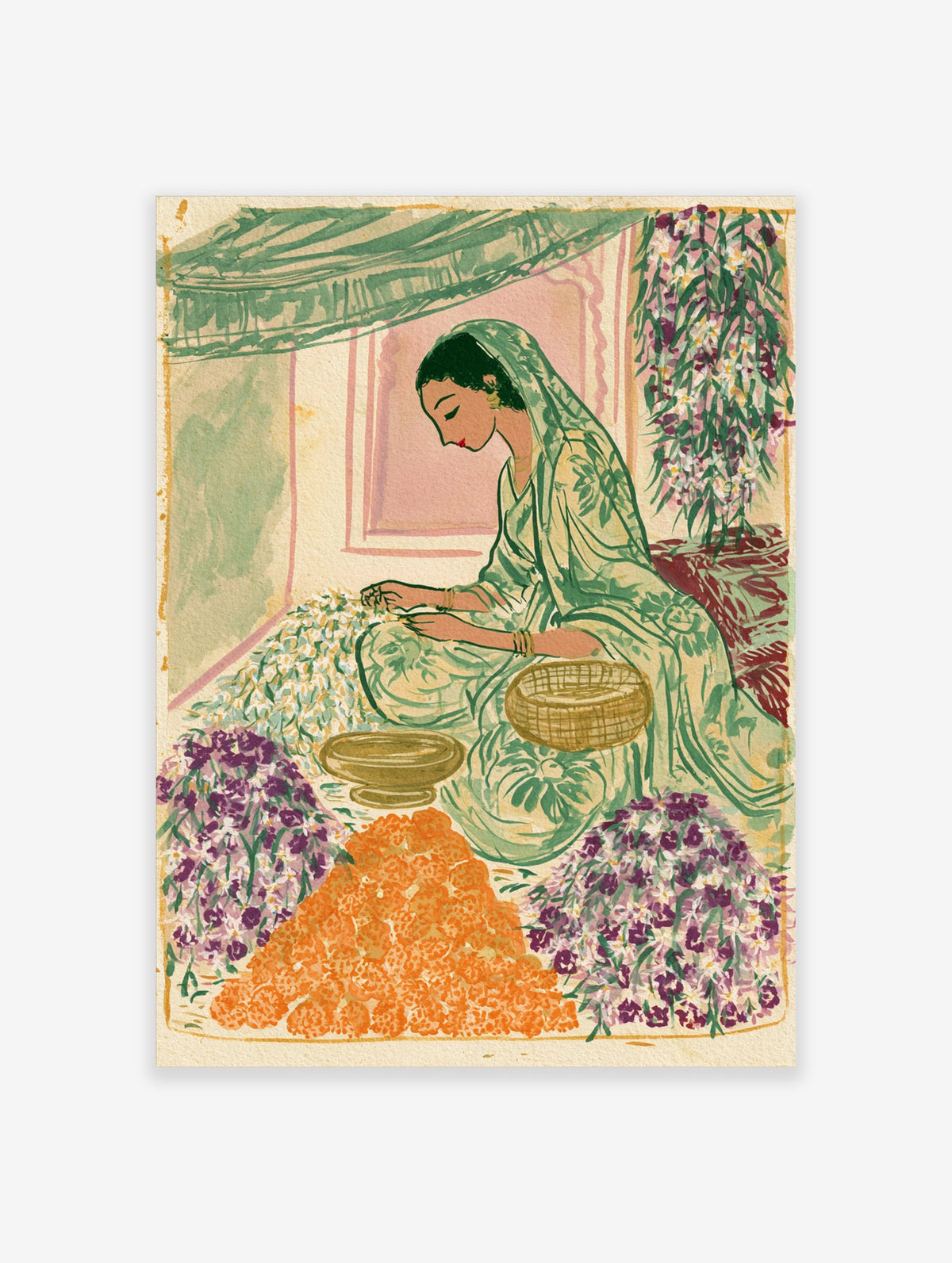 Indian flower garland wall art print of a woman in a green sari threading jasmine with marigolds and orchids