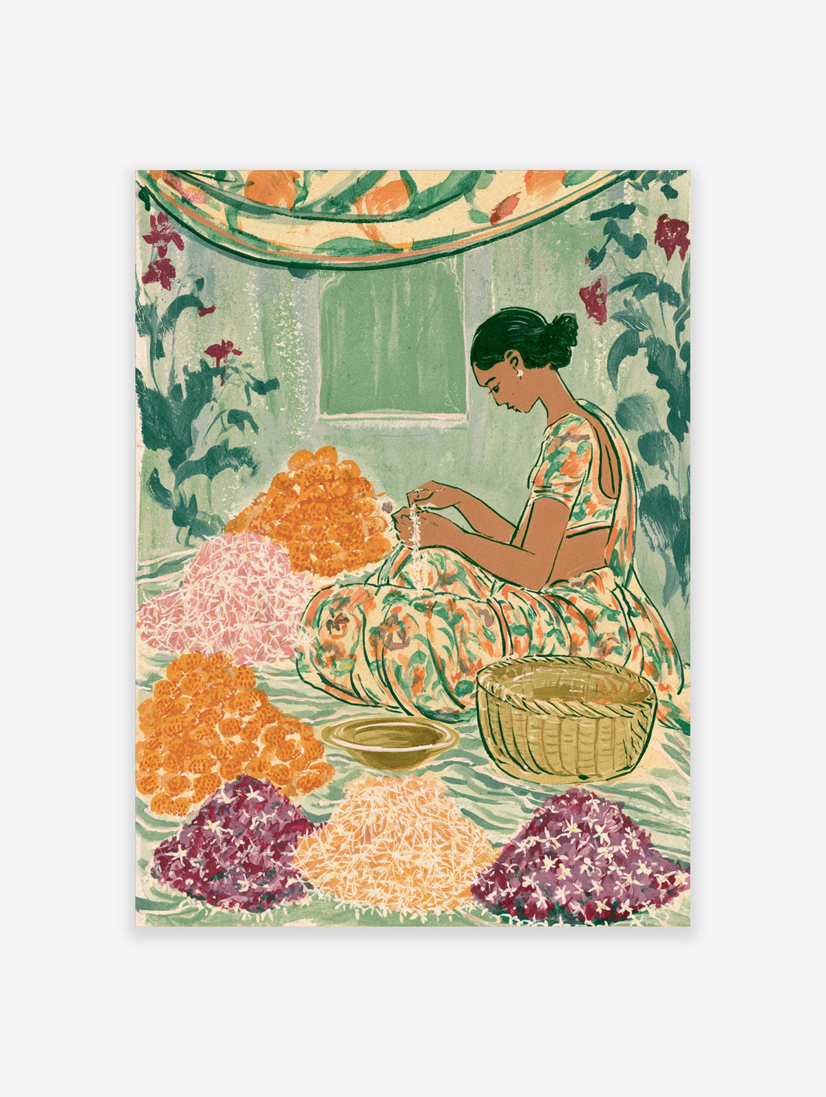 Indian flower garland art print of a seated woman threading jasmine with orange and pink blooms