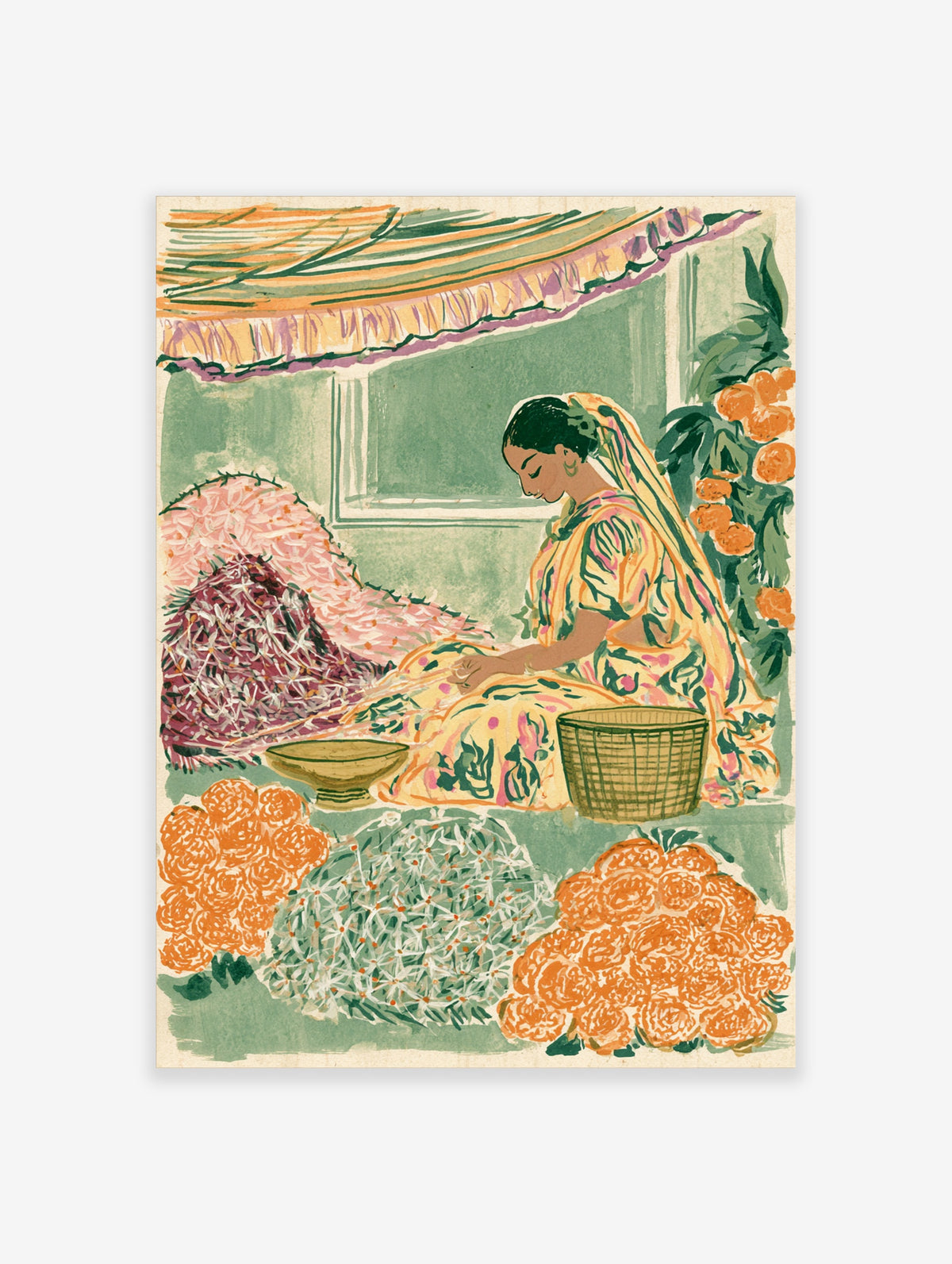 Indian flower seller art print with woman in yellow sari, marigolds and pink blooms