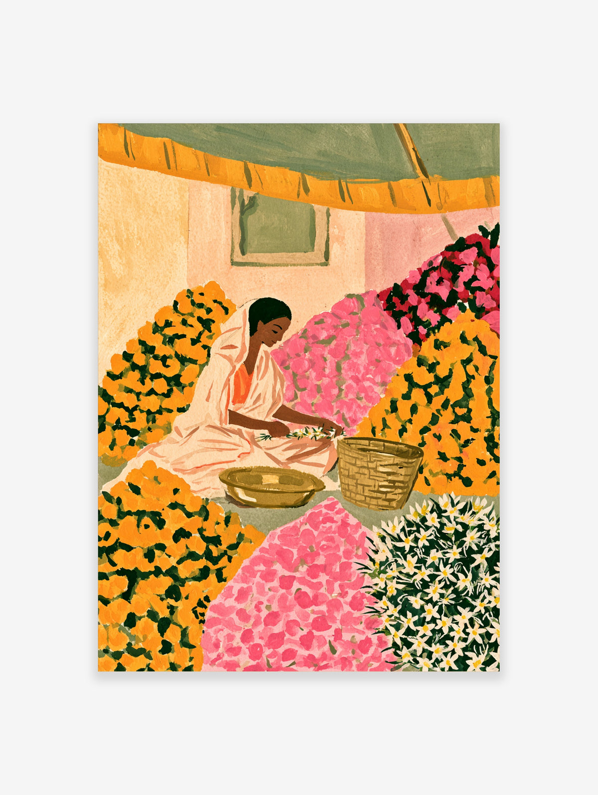 Indian flower seller seated among marigolds, pink blooms and jasmine in a colourful market illustration