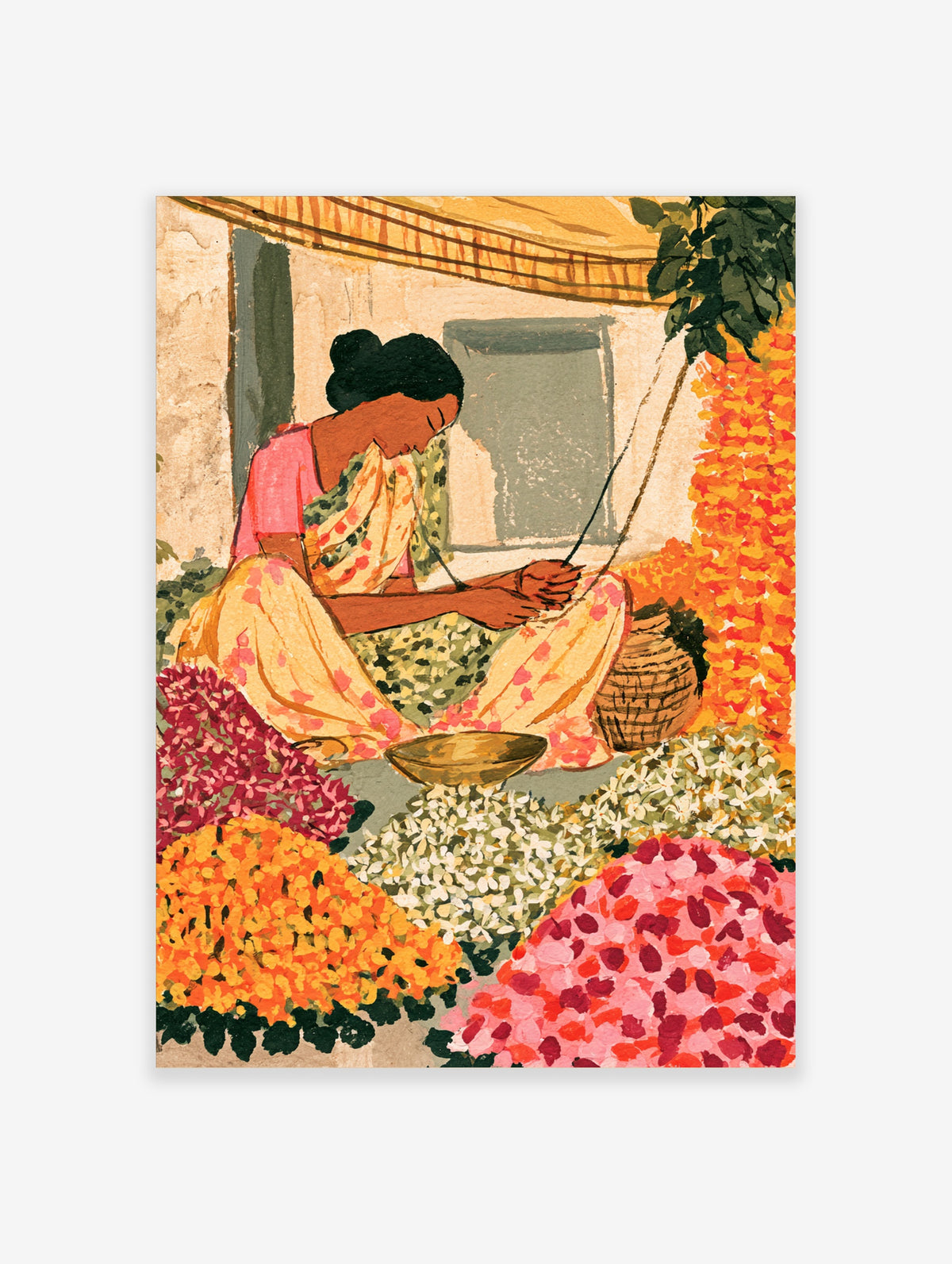 Indian flower seller threading garlands beside baskets of orange, pink and white flowers in a colourful market illustration