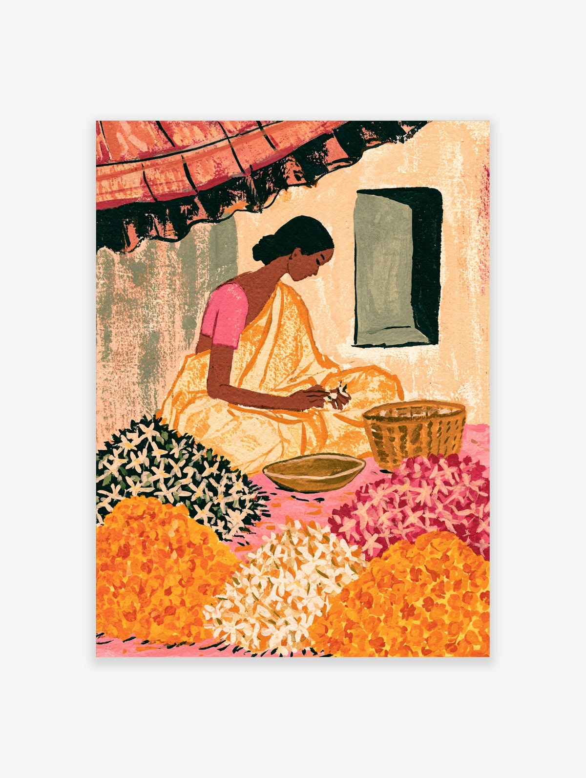 Indian flower seller illustration with woman in yellow sari stringing jasmine among orange and pink flowers