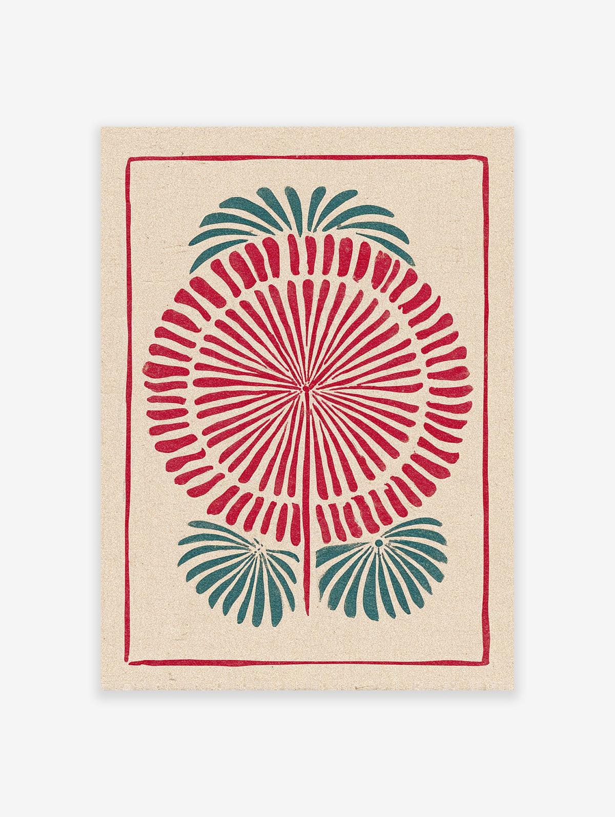 Indian folk art print with a red and teal botanical block print design on textured beige paper, framed by a red border.