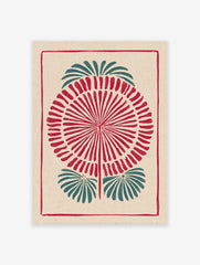 Indian folk art print with a red and teal botanical block print design on textured beige paper, framed by a red border.