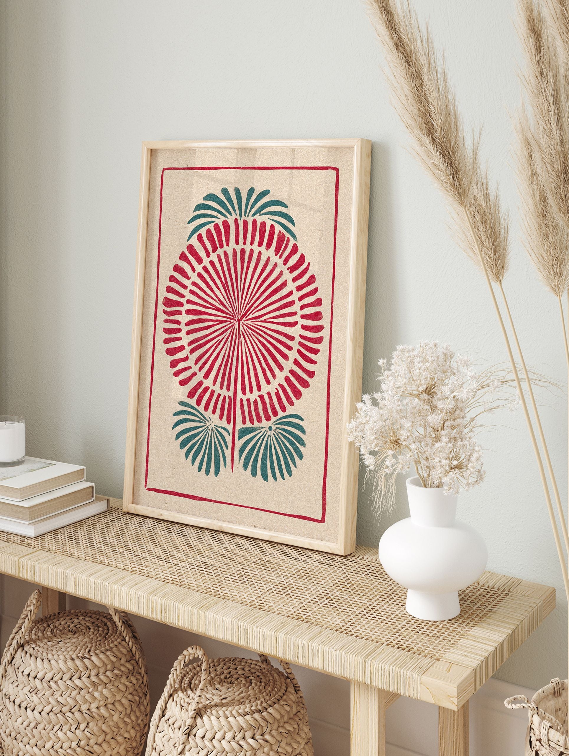 Indian folk art print with a red and teal botanical block print design on textured beige paper, framed by a red border. - Image 3