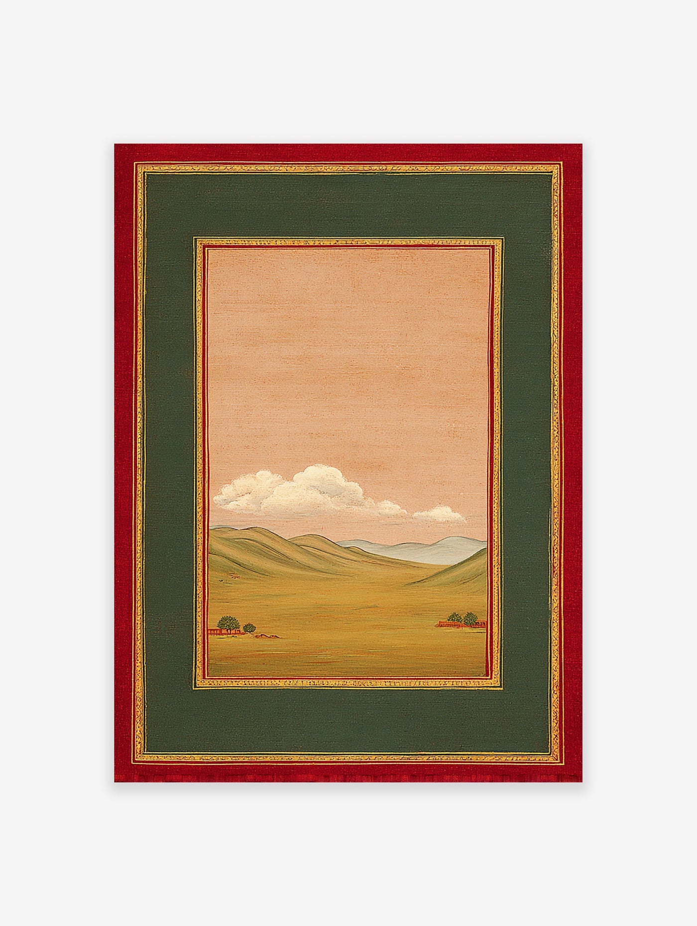 Traditional Indian landscape wall art painting with green hills, fields, peach sky, white clouds, and red & gold frame.