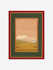Traditional Indian landscape wall art painting with green hills, fields, peach sky, white clouds, and red & gold frame.