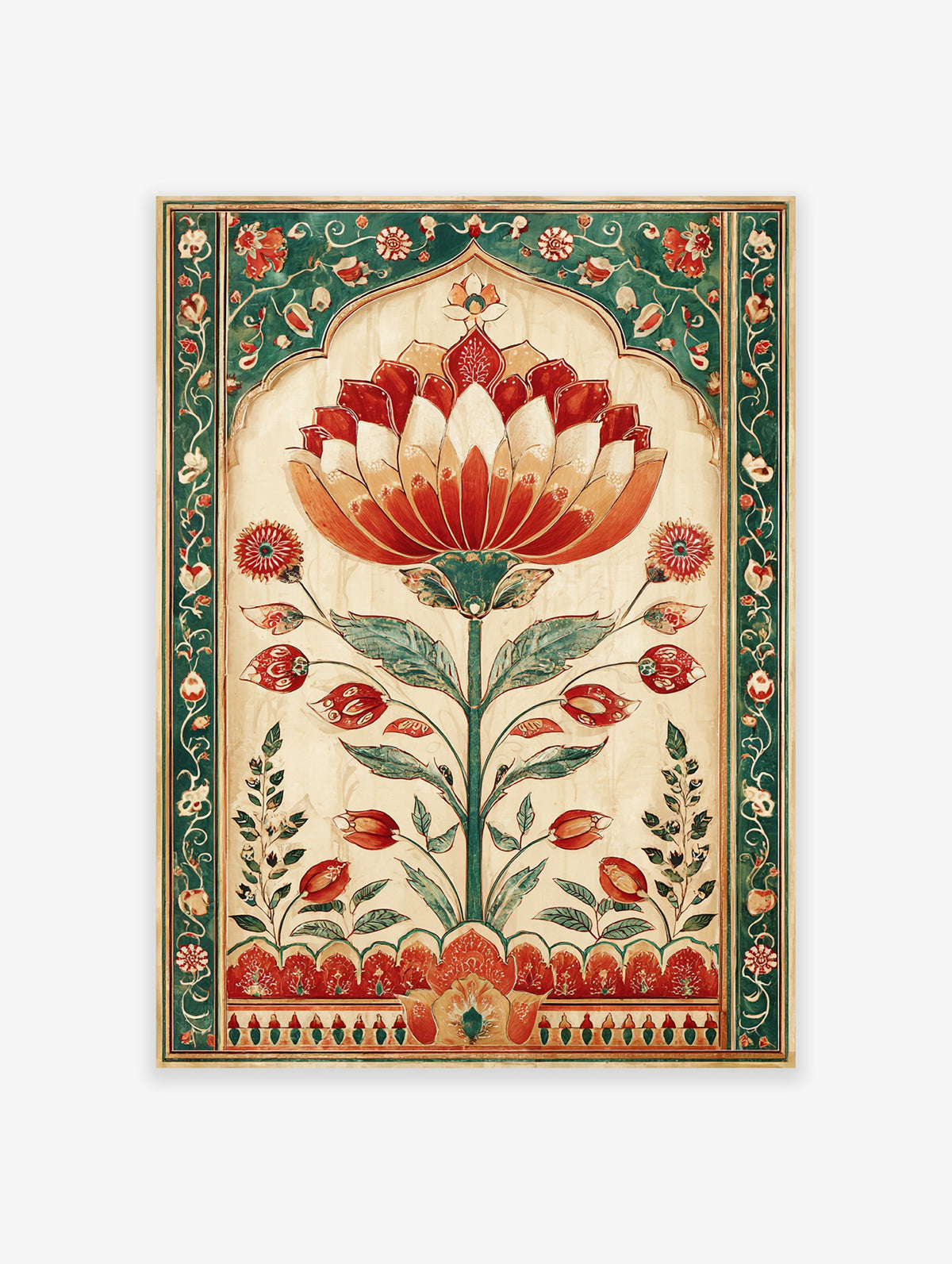 Indian Lotus Botanical Poster featuring a vibrant red and orange lotus flower in a Mughal-style arched frame with green floral borders.