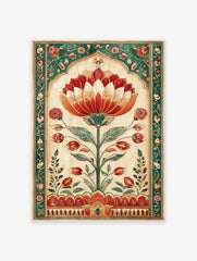 Indian Lotus Botanical Poster featuring a vibrant red and orange lotus flower in a Mughal-style arched frame with green floral borders.