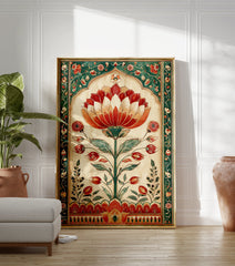 Indian Lotus Botanical Poster featuring a vibrant red and orange lotus flower in a Mughal-style arched frame with green floral borders. - Image 3