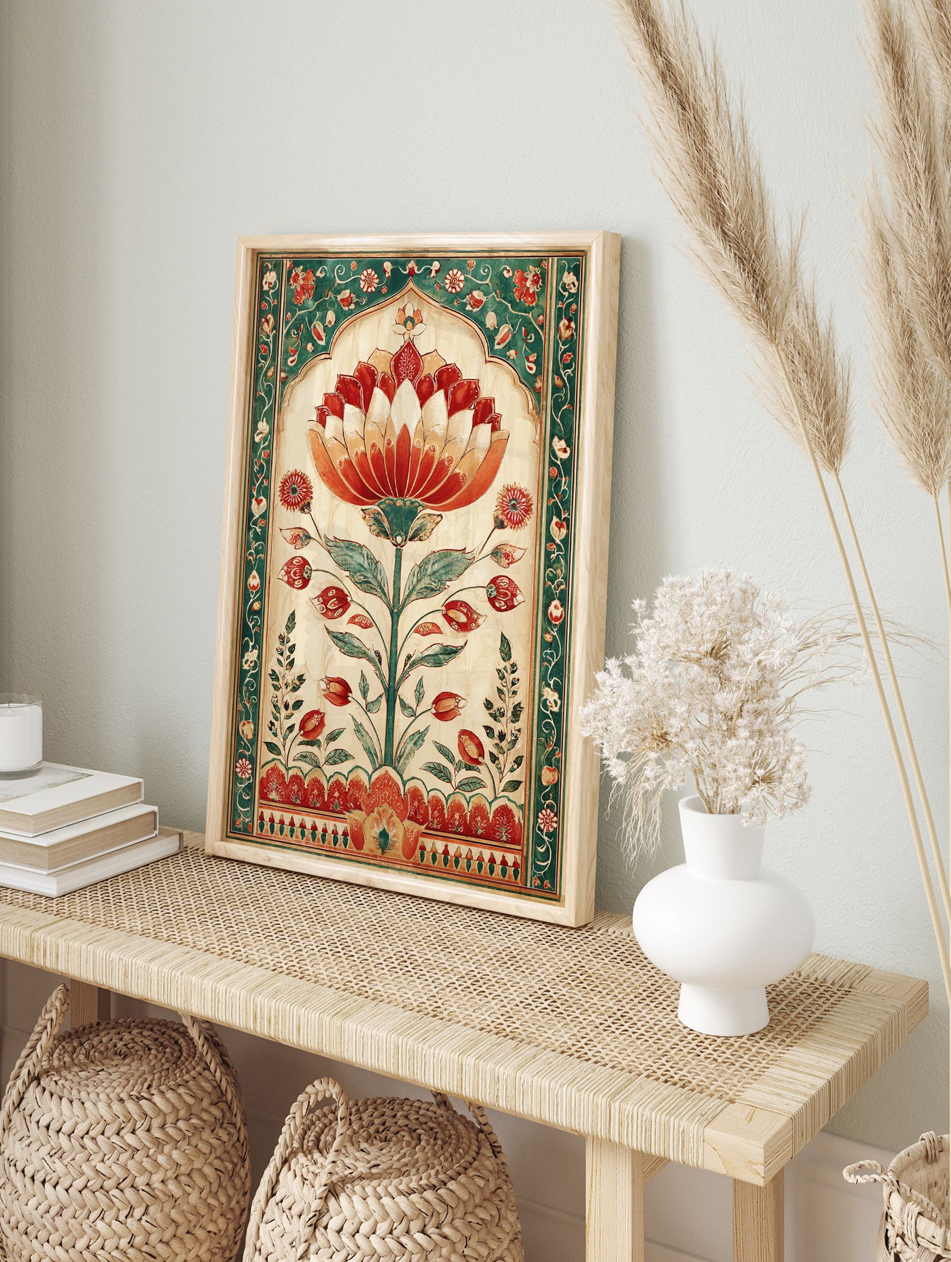 Indian Lotus Botanical Poster featuring a vibrant red and orange lotus flower in a Mughal-style arched frame with green floral borders. - Image 4