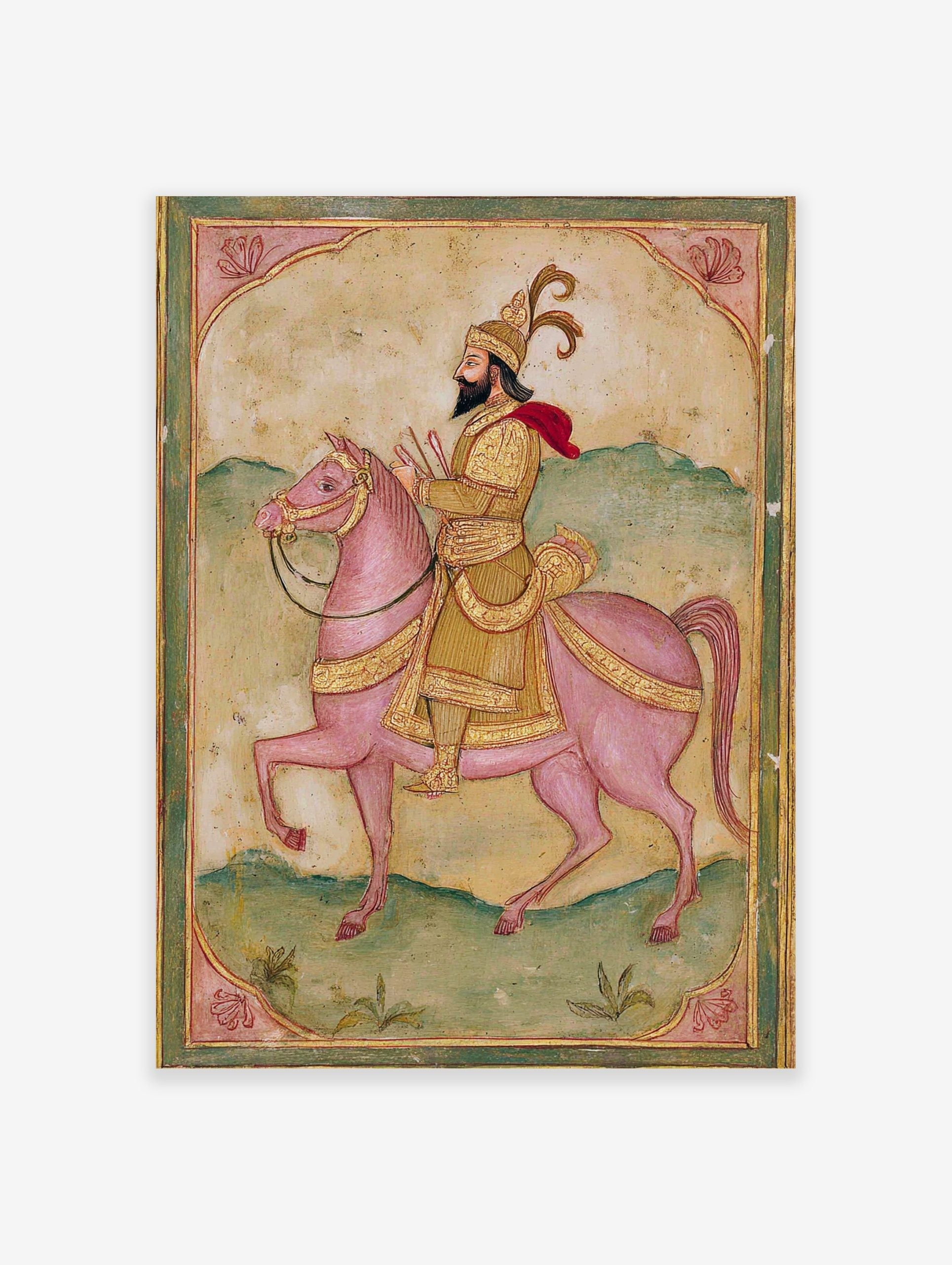 Indian miniature art print of bearded rider in golden attire and red cape on a pink horse, green hills background