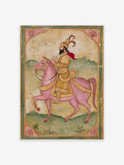 Indian miniature art print of bearded rider in golden attire and red cape on a pink horse, green hills background