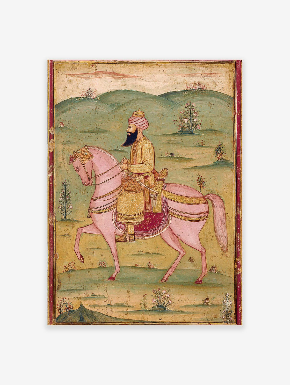 Indian miniature painting of a bearded man in a pink turban riding an ornate pink horse in a green landscape