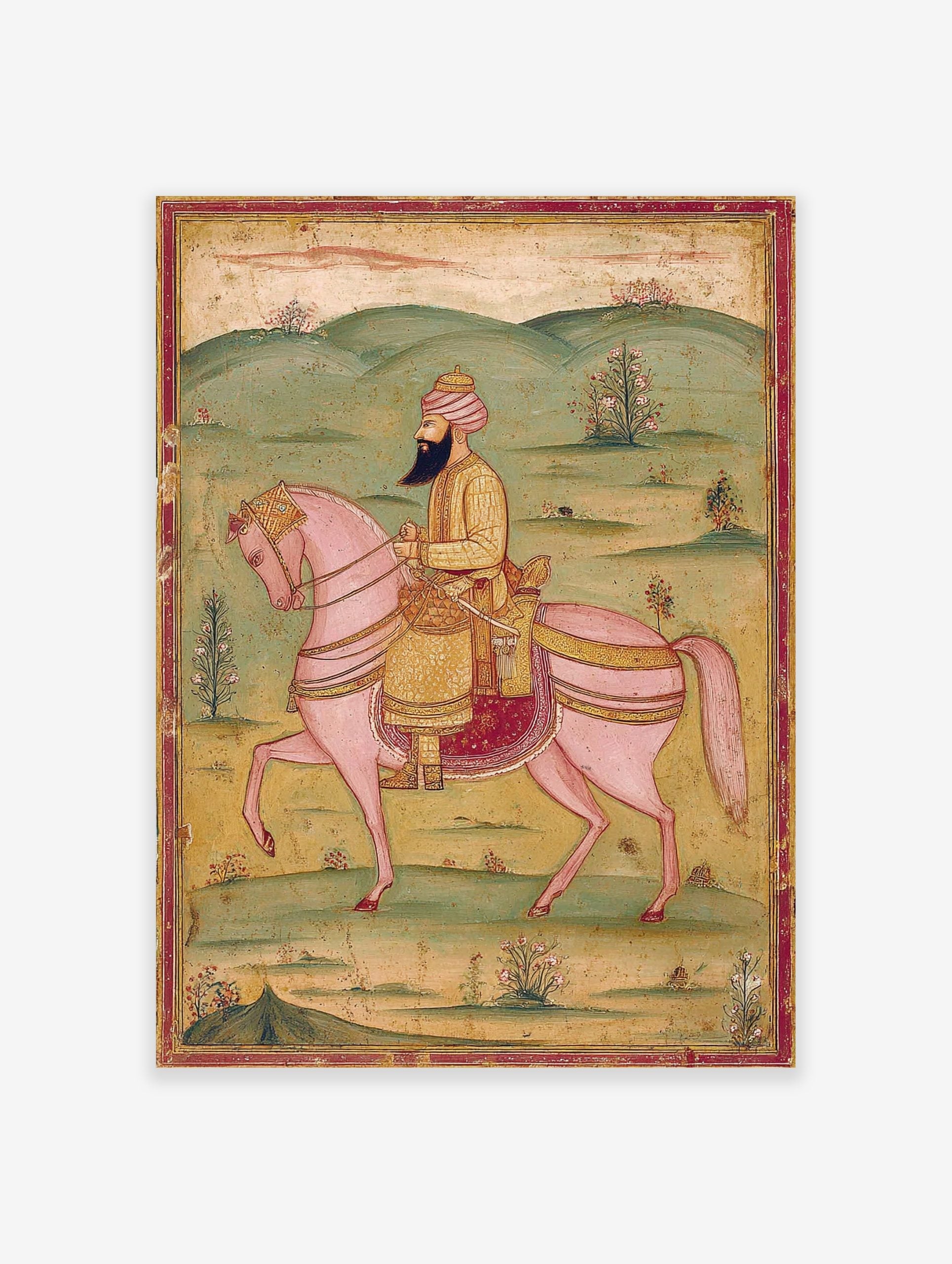 Indian miniature painting of a bearded man in gold tunic and turban riding a pink horse in a green landscape