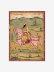 Indian miniature painting of a bearded man in gold tunic and turban riding a pink horse in a green landscape