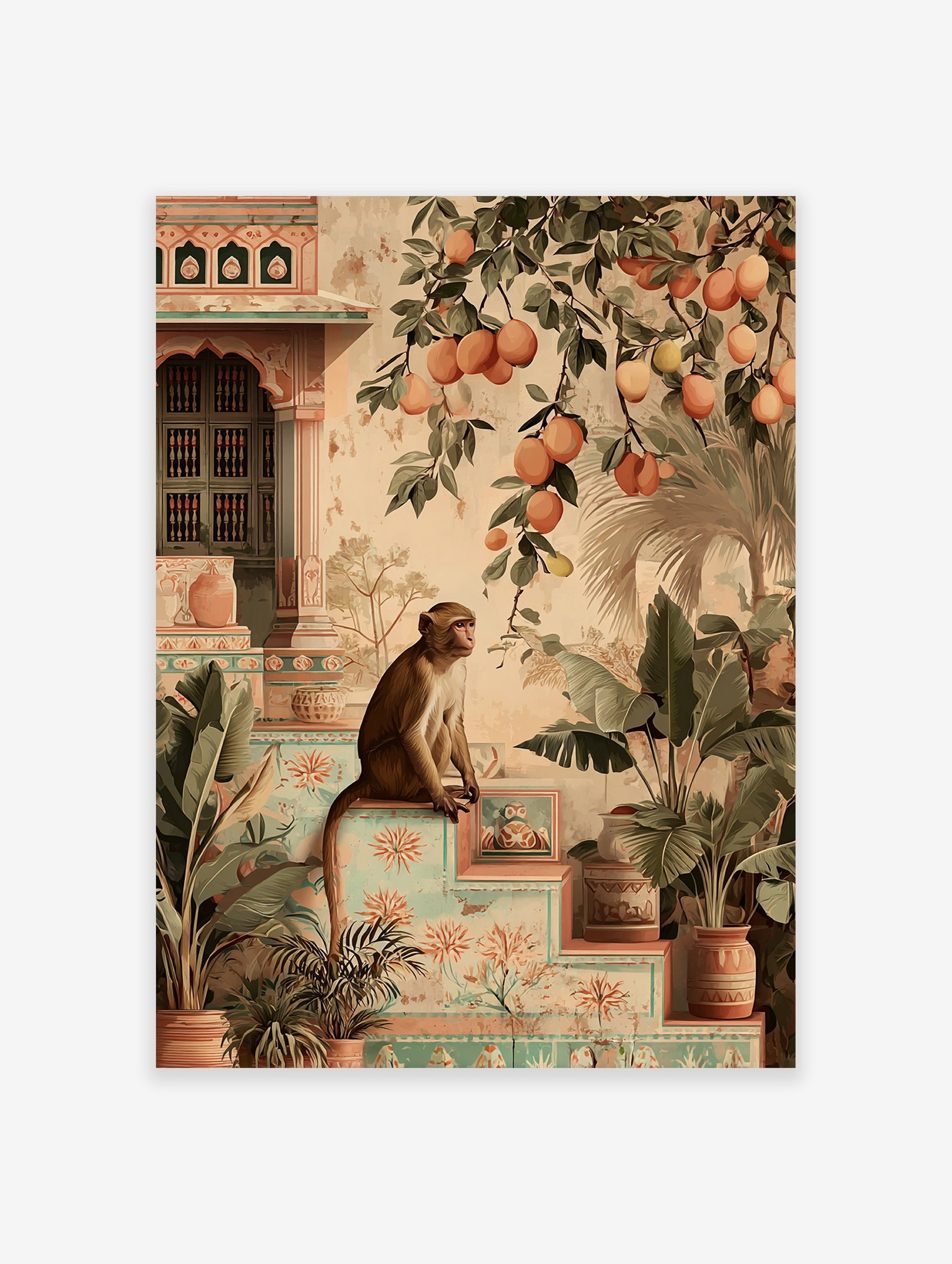 An illustrative Indian monkey poster sitting on steps with tropical plants, orange fruit branches, and traditional architecture.