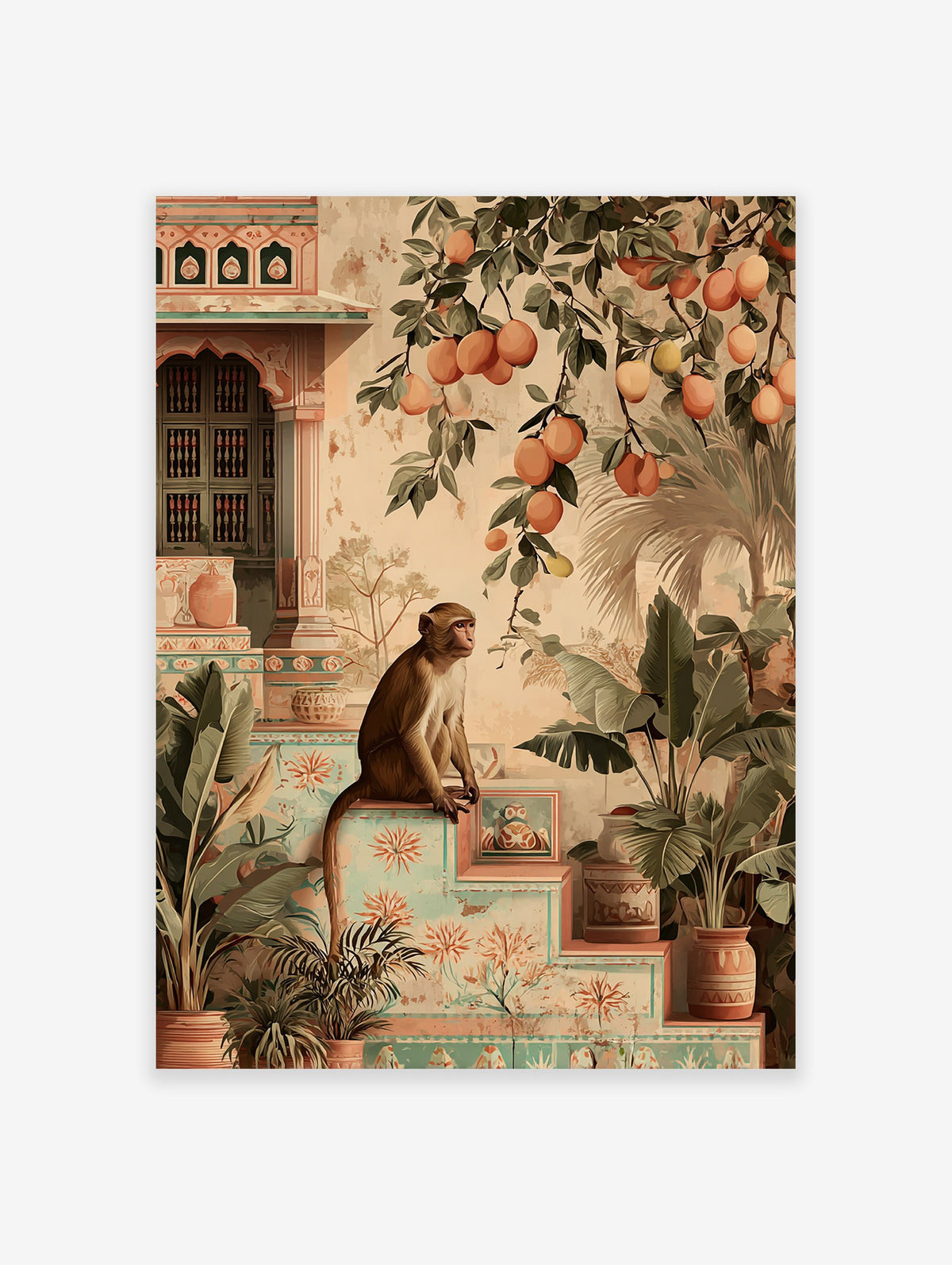 An illustrative Indian monkey poster sitting on steps with tropical plants, orange fruit branches, and traditional architecture.