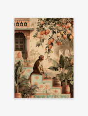 An illustrative Indian monkey poster sitting on steps with tropical plants, orange fruit branches, and traditional architecture.