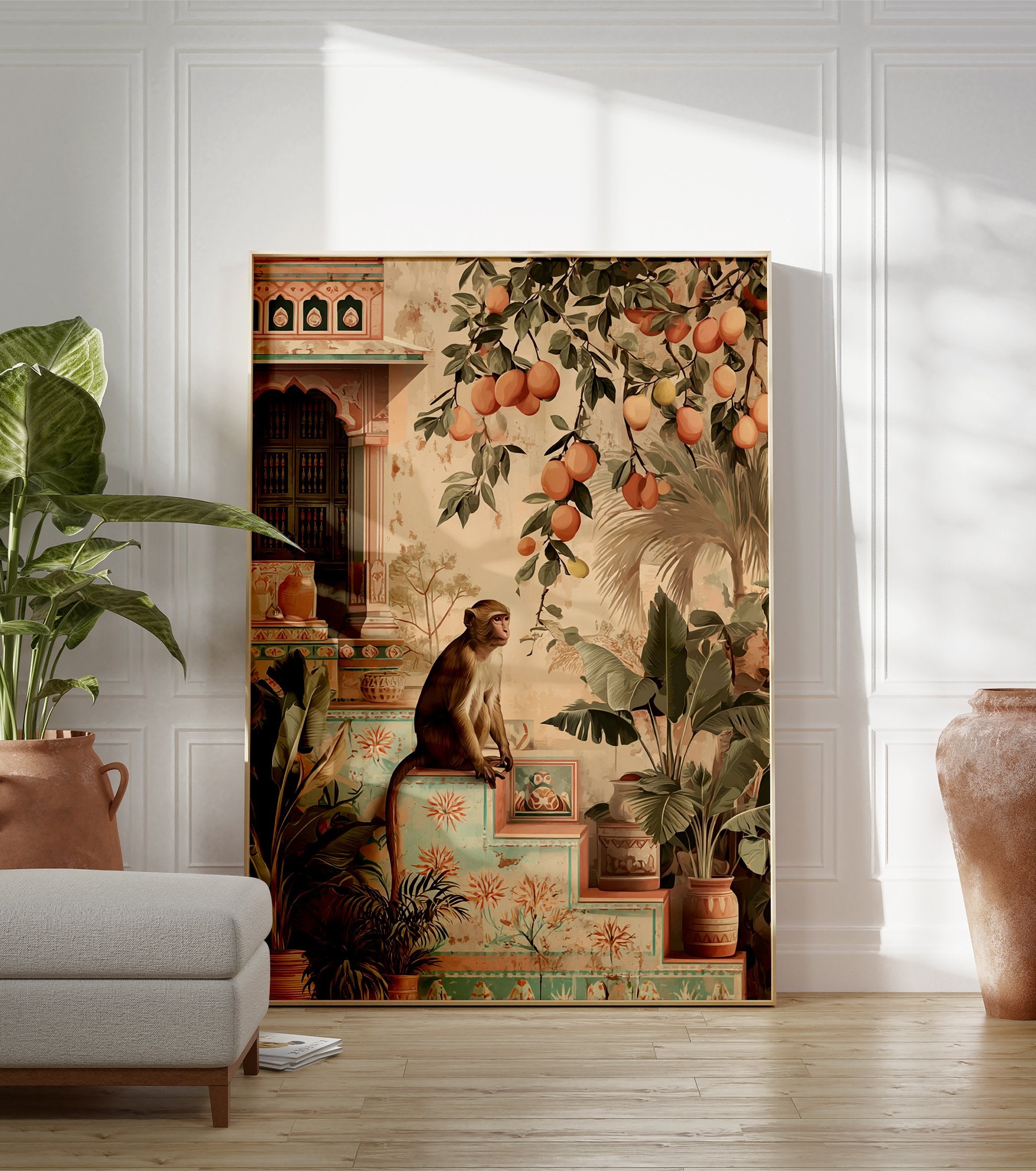 An illustrative Indian monkey poster sitting on steps with tropical plants, orange fruit branches, and traditional architecture. - Image 3