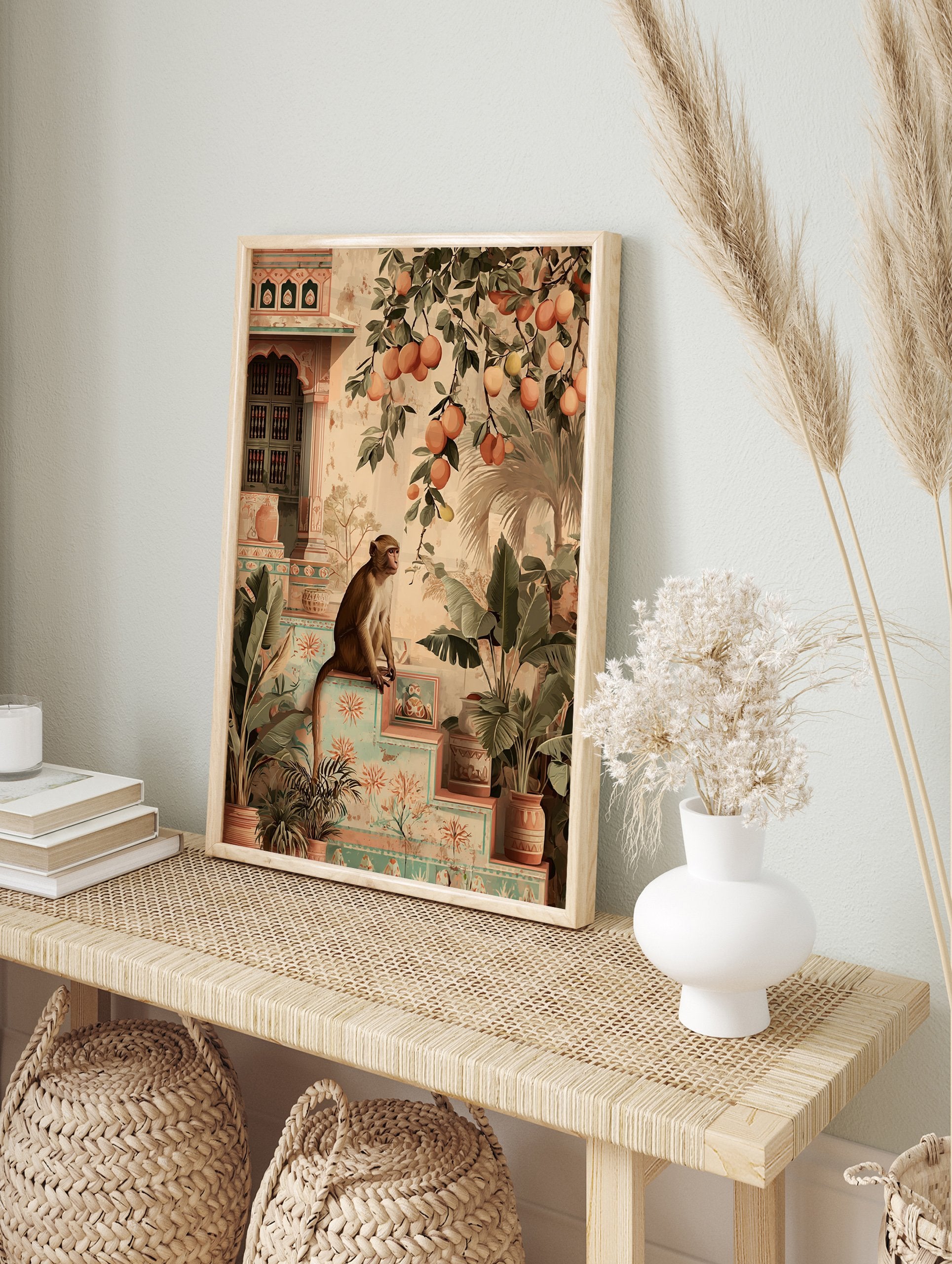 An illustrative Indian monkey poster sitting on steps with tropical plants, orange fruit branches, and traditional architecture. - Image 4