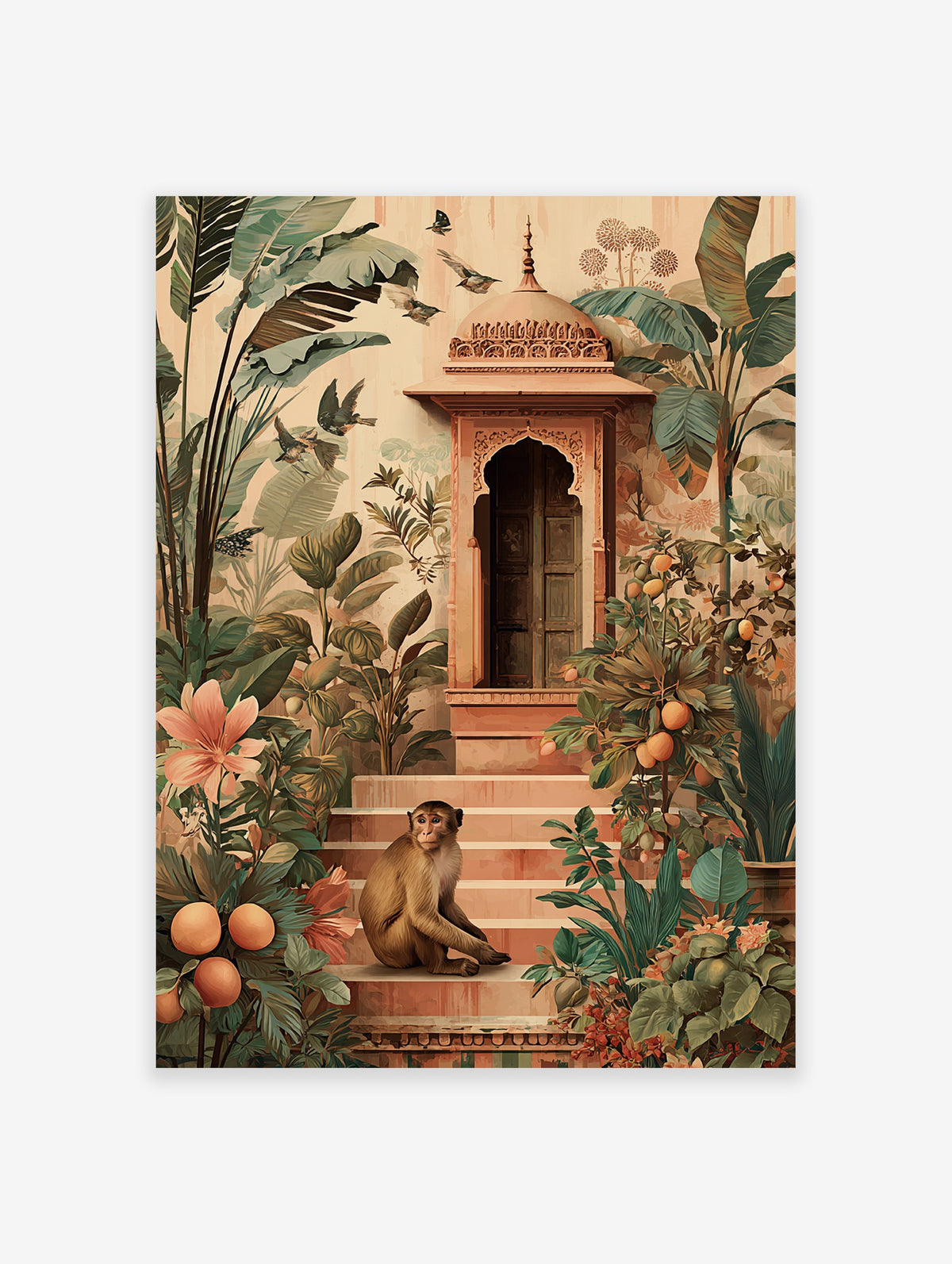 Indian Monkey Poster on steps in a tropical garden with ornate Indian architecture, banana leaves, orange trees, birds, and butterflies.