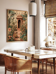 Indian Monkey Poster on steps in a tropical garden with ornate Indian architecture, banana leaves, orange trees, birds, and butterflies. - Image 2
