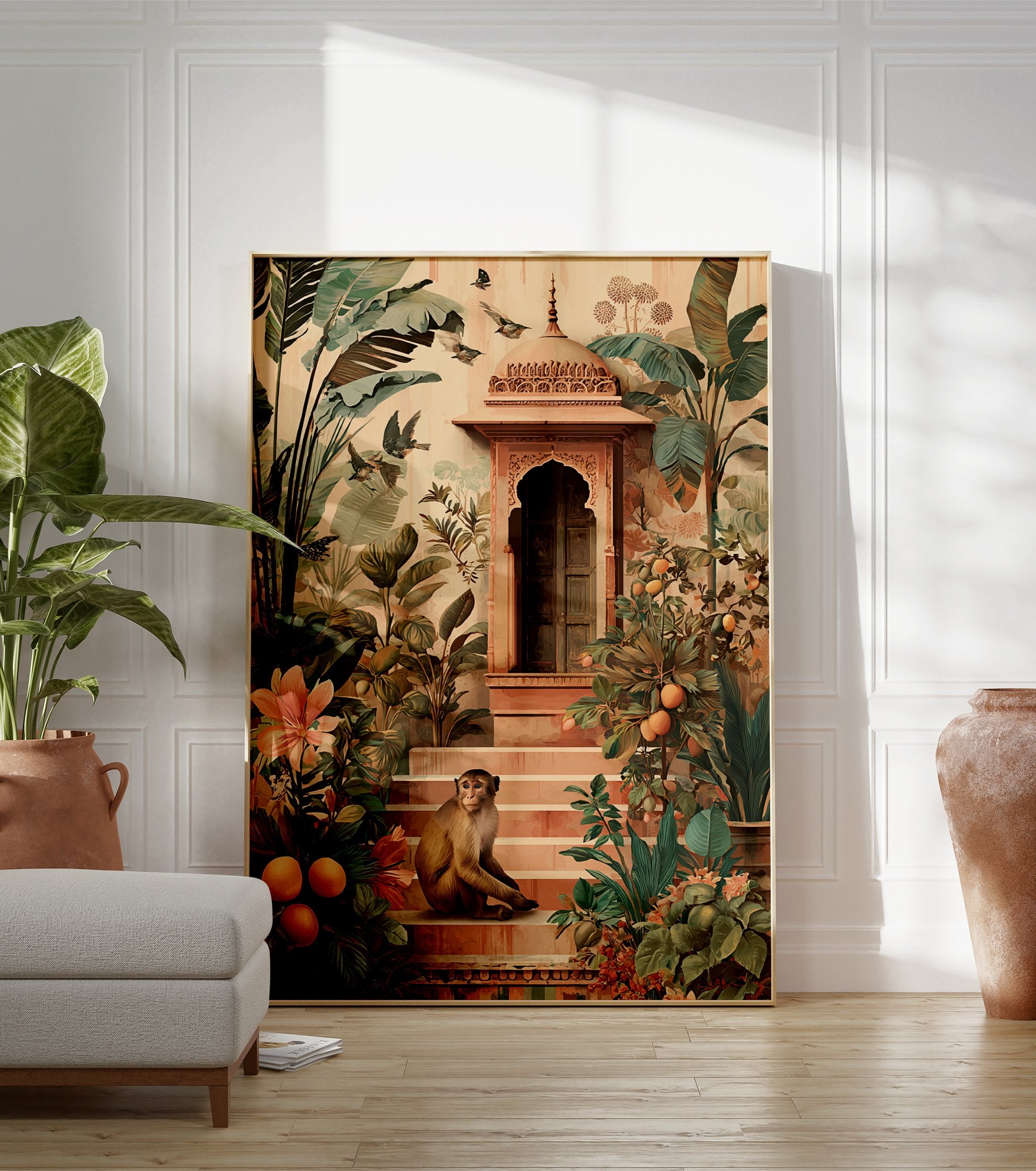 Indian Monkey Poster on steps in a tropical garden with ornate Indian architecture, banana leaves, orange trees, birds, and butterflies. - Image 3