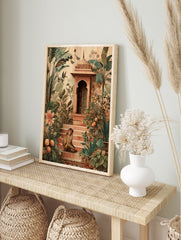 Indian Monkey Poster on steps in a tropical garden with ornate Indian architecture, banana leaves, orange trees, birds, and butterflies. - Image 4