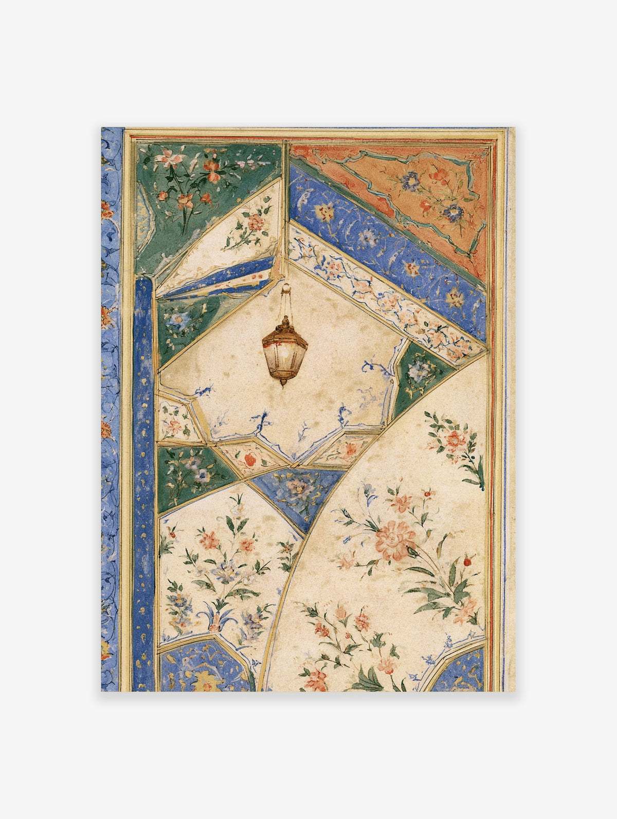 Mughal ceiling fresco print with hanging lantern, pink flowers, and blue geometric panels