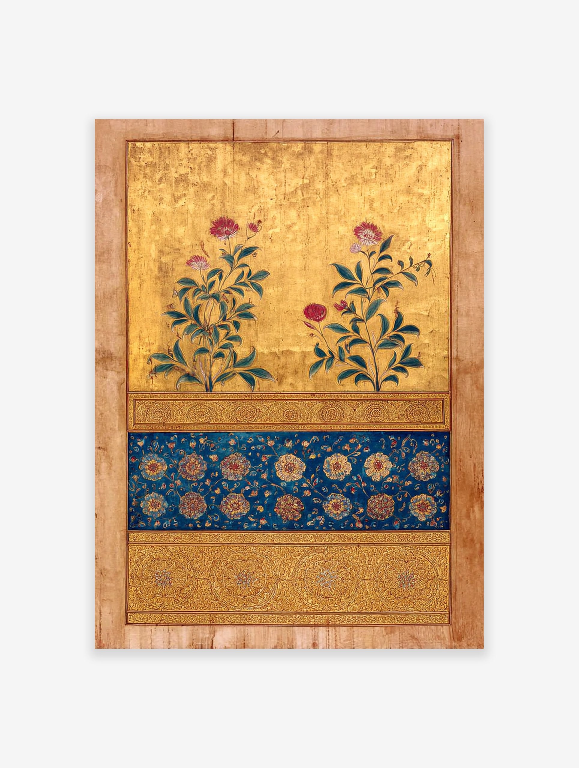 Gilded Indian Mughal botanical painting with pink flowers, green leaves, and intricate blue and gold floral patterns.