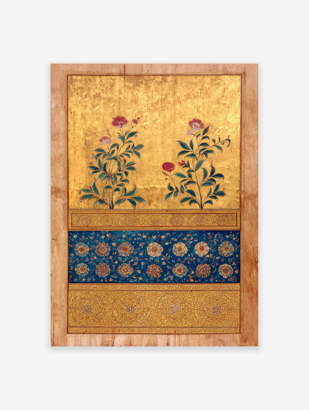 Gilded Indian Mughal botanical painting with pink flowers, green leaves, and intricate blue and gold floral patterns.