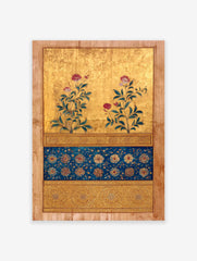 Gilded Indian Mughal botanical painting with pink flowers, green leaves, and intricate blue and gold floral patterns.